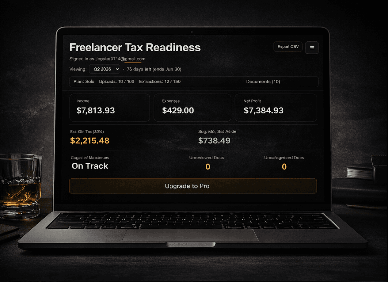 AI Solo Tax dashboard showing quarterly estimate, reserve guidance, and upgrade prompt