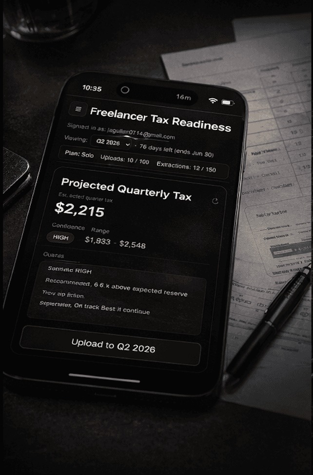 AI Solo Tax projected quarterly tax view with confidence and guidance